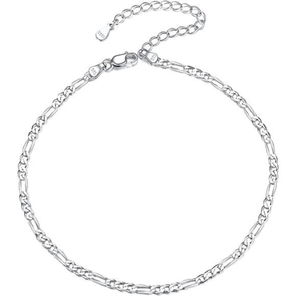 925 Sterling Silver Ankle Bracelet for Women, Simple Cuban Link/Figaro/Twist - Picture 1 of 7